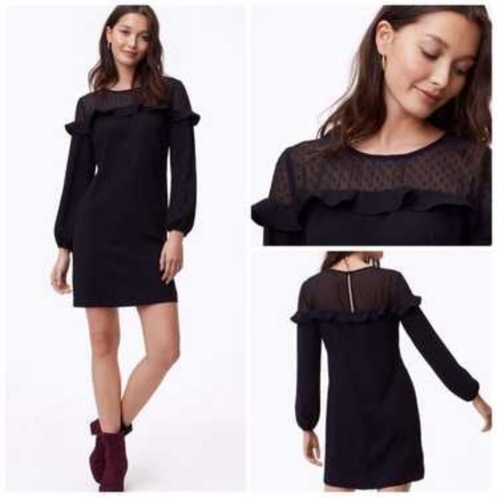 LOFT Black Ruffle Neckline with Swiss Dot Detail Dress Size 8